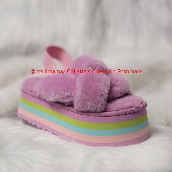 UGG Shoes - UGG Pink Disco Knot Platform Slides with Pastel Rainbow Sole - 6M